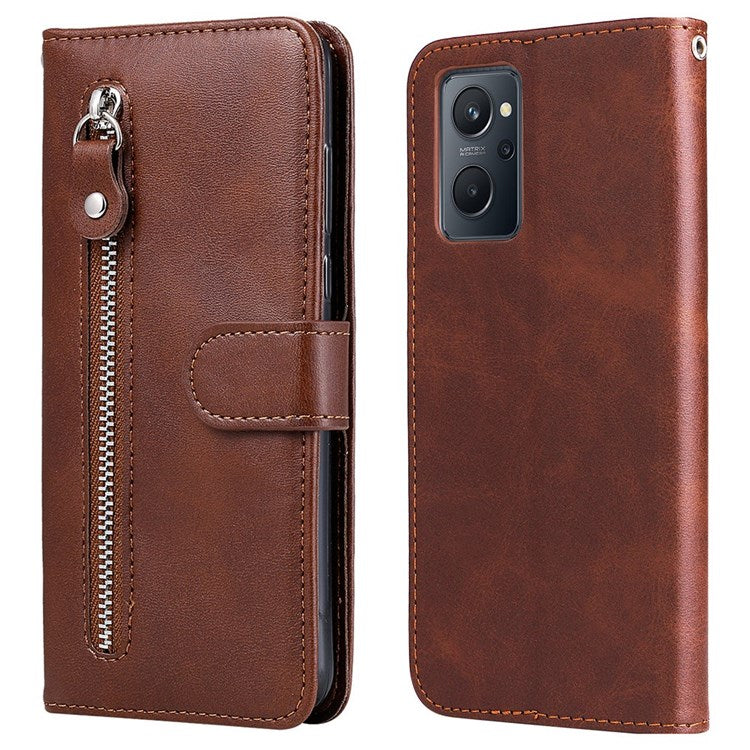 For Realme 9i/Oppo A36 4G/A76 4G PU Leather Case Wallet Style Magnetic Closure Change Coin Slim Handbag Zipper Pocket Stand Flip Cover - Brown