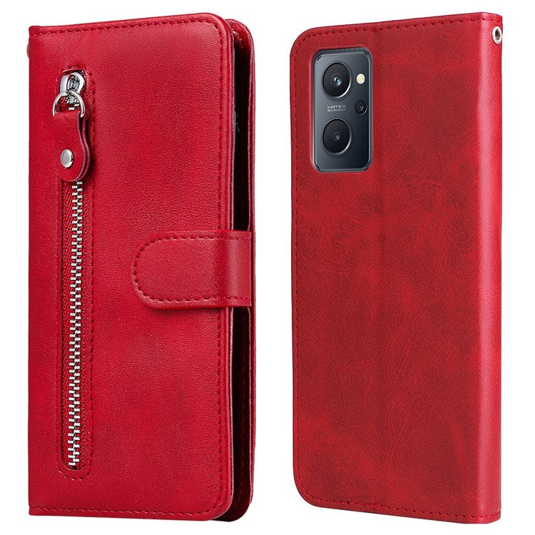 For Realme 9i/Oppo A36 4G/A76 4G PU Leather Case Wallet Style Magnetic Closure Change Coin Slim Handbag Zipper Pocket Stand Flip Cover - Red