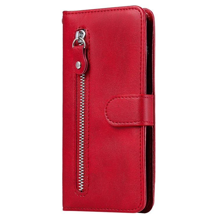 For Realme 9i/Oppo A36 4G/A76 4G PU Leather Case Wallet Style Magnetic Closure Change Coin Slim Handbag Zipper Pocket Stand Flip Cover - Red