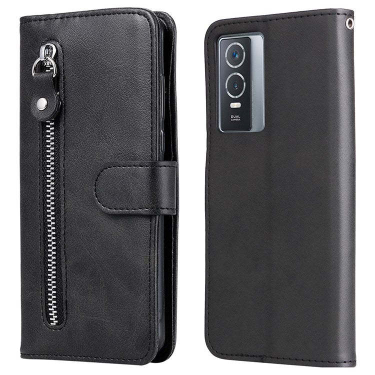 For vivo Y76 5G/Y76s Well-protected Anti-fall PU Leather Wallet Phone Cover Magnetic Closing Zipper Pocket Flip Case - Black