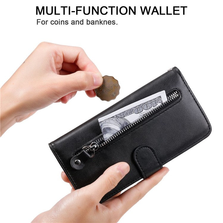 For vivo Y76 5G/Y76s Well-protected Anti-fall PU Leather Wallet Phone Cover Magnetic Closing Zipper Pocket Flip Case - Black