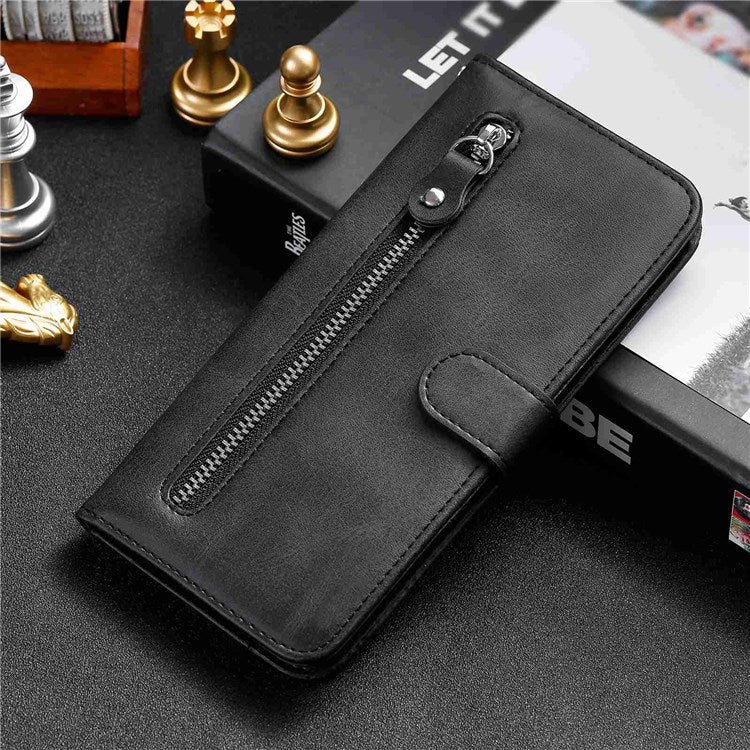 For vivo Y76 5G/Y76s Well-protected Anti-fall PU Leather Wallet Phone Cover Magnetic Closing Zipper Pocket Flip Case - Black