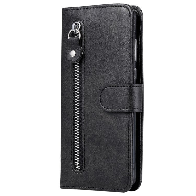 For vivo Y76 5G/Y76s Well-protected Anti-fall PU Leather Wallet Phone Cover Magnetic Closing Zipper Pocket Flip Case - Black