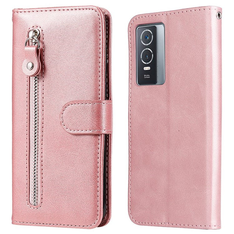 For vivo Y76 5G/Y76s Well-protected Anti-fall PU Leather Wallet Phone Cover Magnetic Closing Zipper Pocket Flip Case - Rose Gold