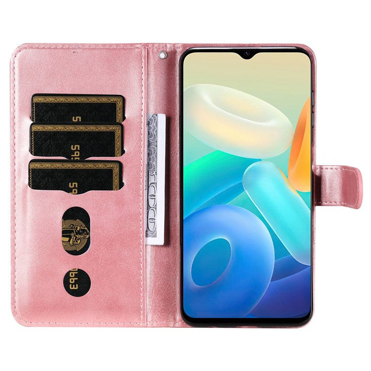 For vivo Y76 5G/Y76s Well-protected Anti-fall PU Leather Wallet Phone Cover Magnetic Closing Zipper Pocket Flip Case - Rose Gold