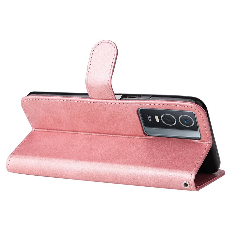 For vivo Y76 5G/Y76s Well-protected Anti-fall PU Leather Wallet Phone Cover Magnetic Closing Zipper Pocket Flip Case - Rose Gold