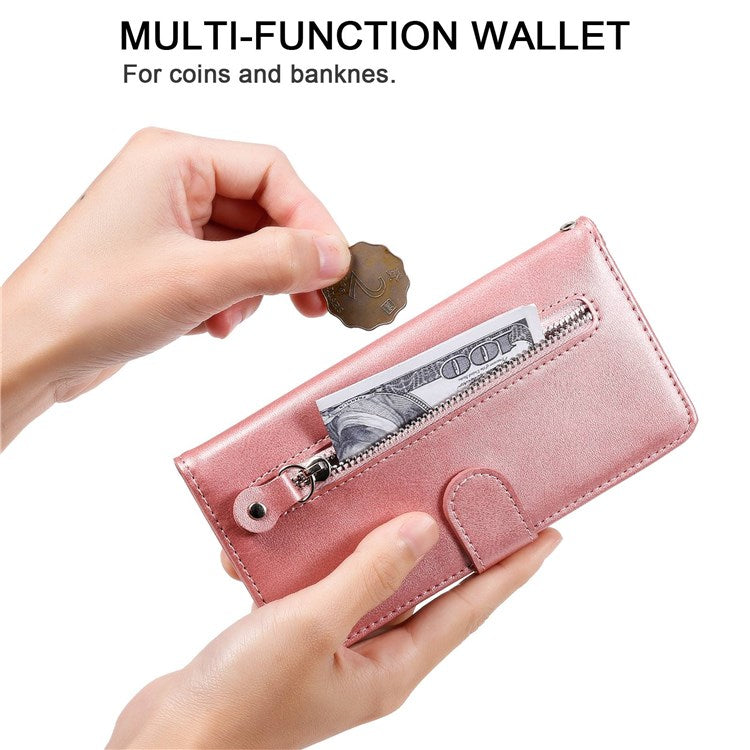 For vivo Y76 5G/Y76s Well-protected Anti-fall PU Leather Wallet Phone Cover Magnetic Closing Zipper Pocket Flip Case - Rose Gold