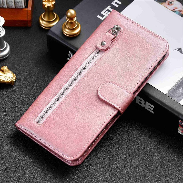 For vivo Y76 5G/Y76s Well-protected Anti-fall PU Leather Wallet Phone Cover Magnetic Closing Zipper Pocket Flip Case - Rose Gold