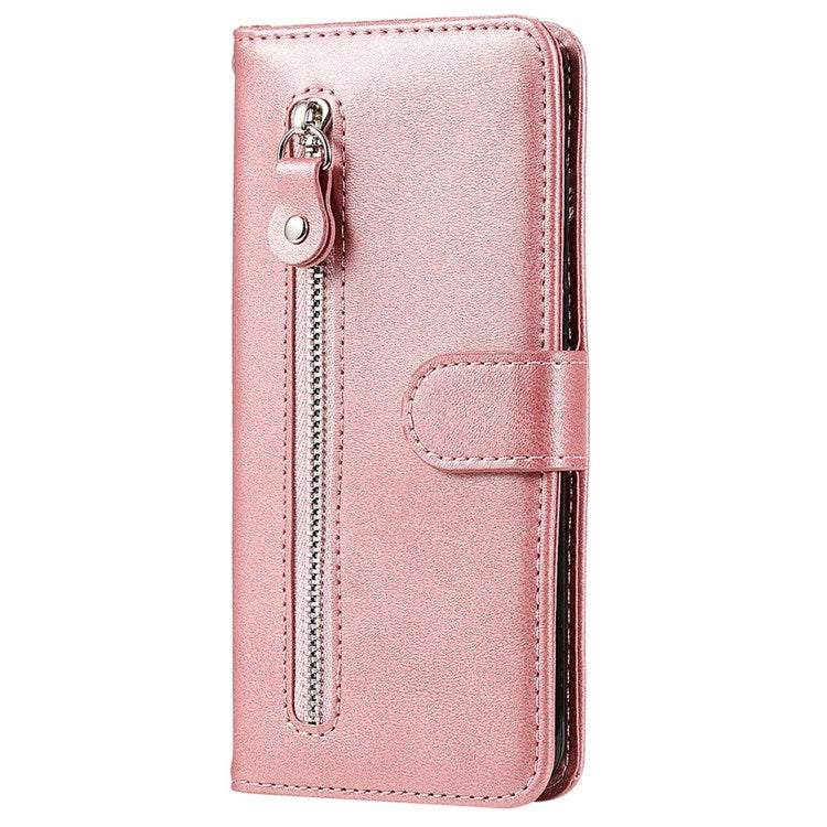 For vivo Y76 5G/Y76s Well-protected Anti-fall PU Leather Wallet Phone Cover Magnetic Closing Zipper Pocket Flip Case - Rose Gold