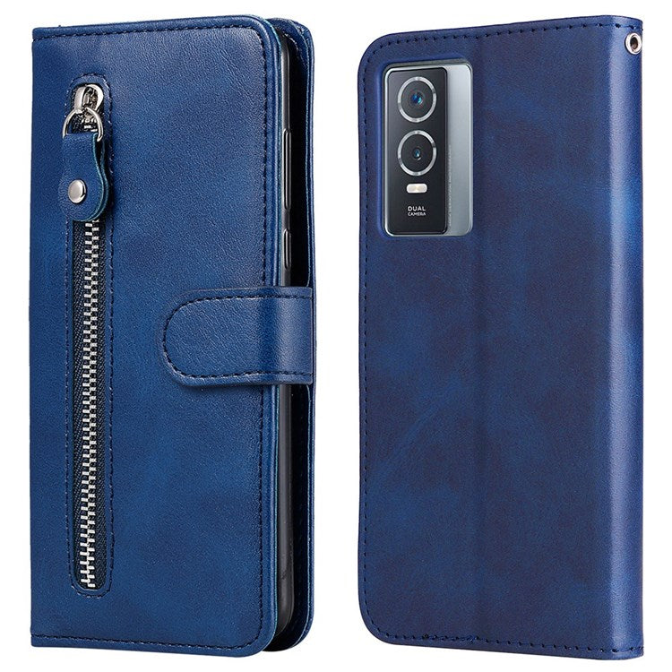 For vivo Y76 5G/Y76s Well-protected Anti-fall PU Leather Wallet Phone Cover Magnetic Closing Zipper Pocket Flip Case - Blue