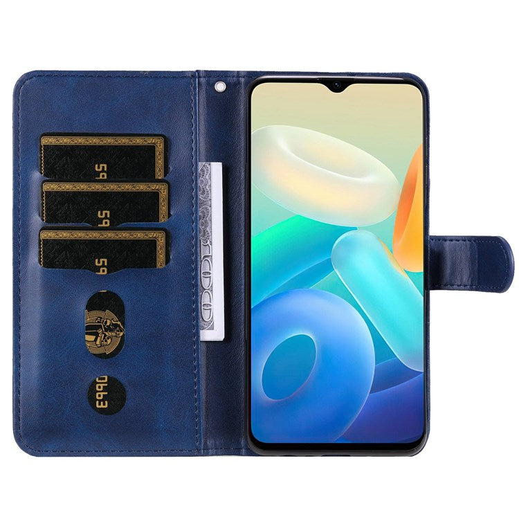 For vivo Y76 5G/Y76s Well-protected Anti-fall PU Leather Wallet Phone Cover Magnetic Closing Zipper Pocket Flip Case - Blue