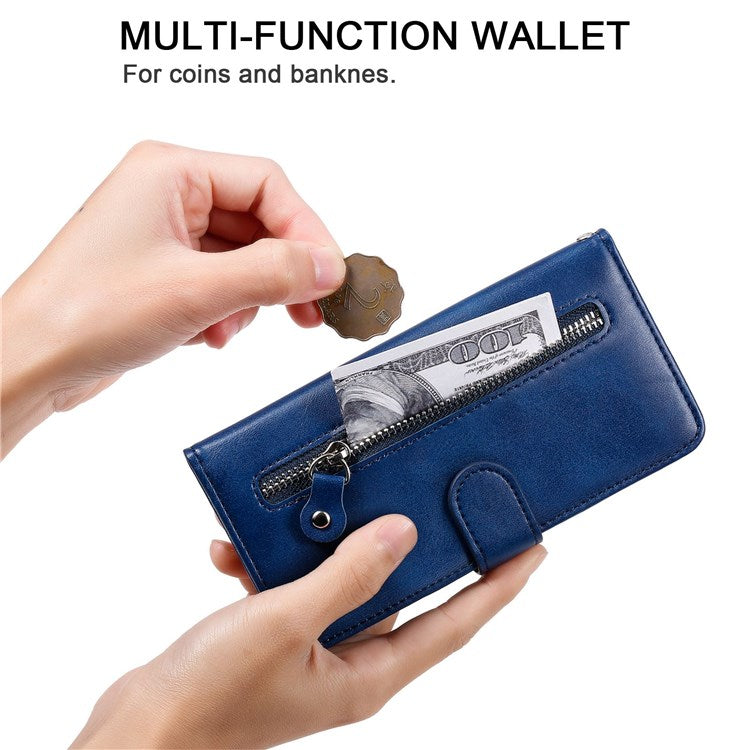 For vivo Y76 5G/Y76s Well-protected Anti-fall PU Leather Wallet Phone Cover Magnetic Closing Zipper Pocket Flip Case - Blue