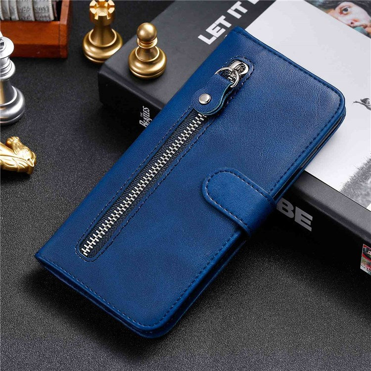 For vivo Y76 5G/Y76s Well-protected Anti-fall PU Leather Wallet Phone Cover Magnetic Closing Zipper Pocket Flip Case - Blue