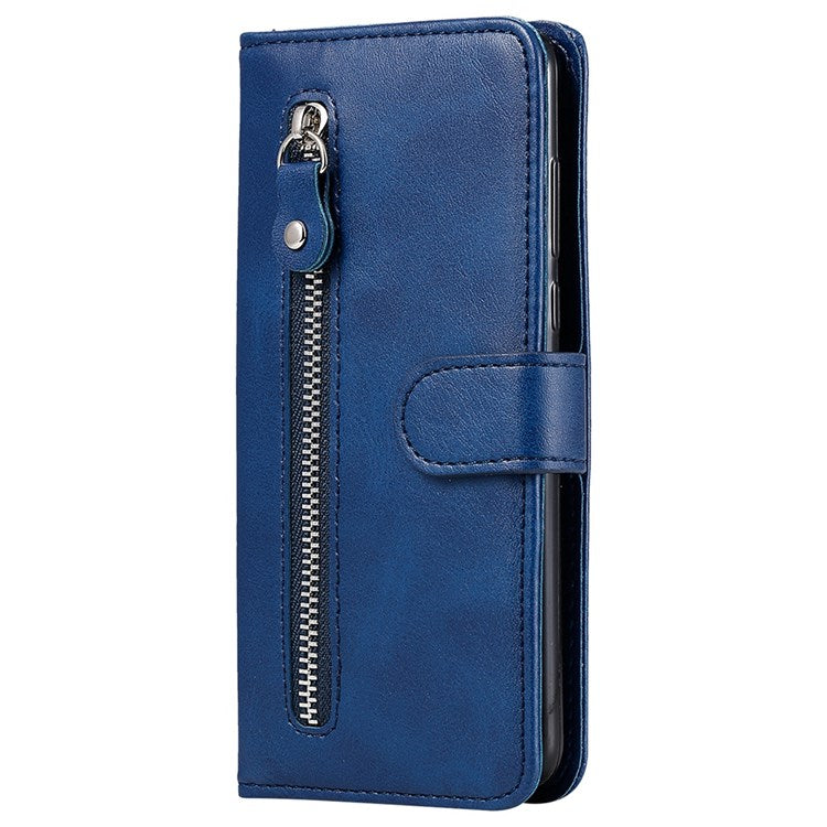 For vivo Y76 5G/Y76s Well-protected Anti-fall PU Leather Wallet Phone Cover Magnetic Closing Zipper Pocket Flip Case - Blue