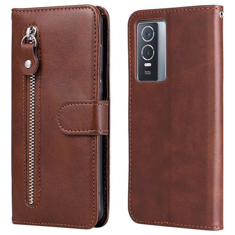 For vivo Y76 5G/Y76s Well-protected Anti-fall PU Leather Wallet Phone Cover Magnetic Closing Zipper Pocket Flip Case - Brown