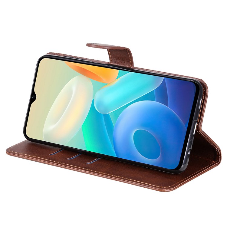 For vivo Y76 5G/Y76s Well-protected Anti-fall PU Leather Wallet Phone Cover Magnetic Closing Zipper Pocket Flip Case - Brown