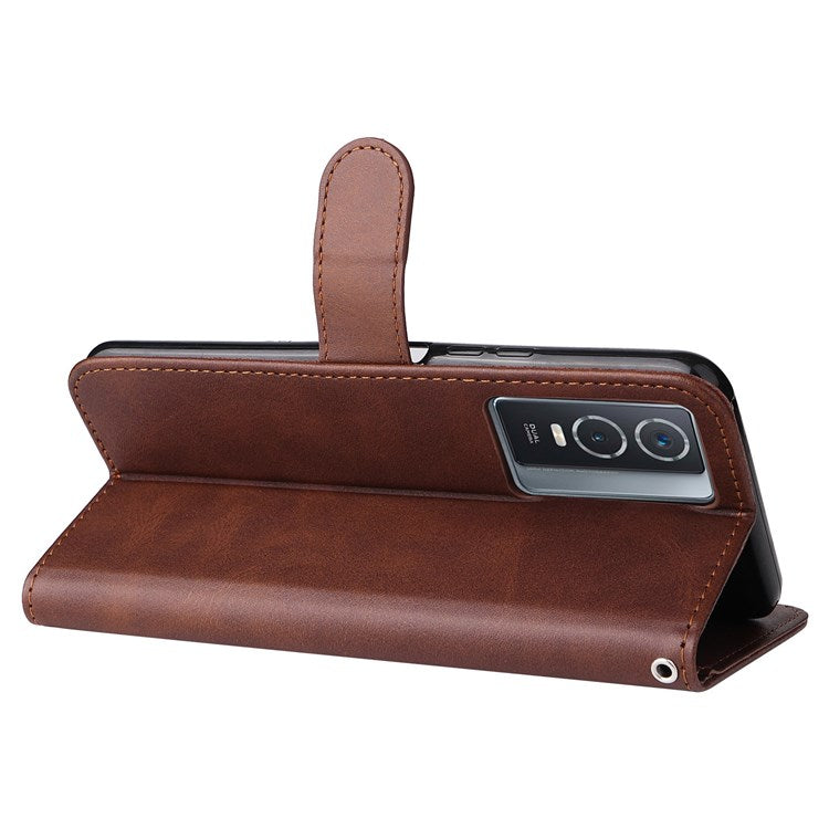 For vivo Y76 5G/Y76s Well-protected Anti-fall PU Leather Wallet Phone Cover Magnetic Closing Zipper Pocket Flip Case - Brown