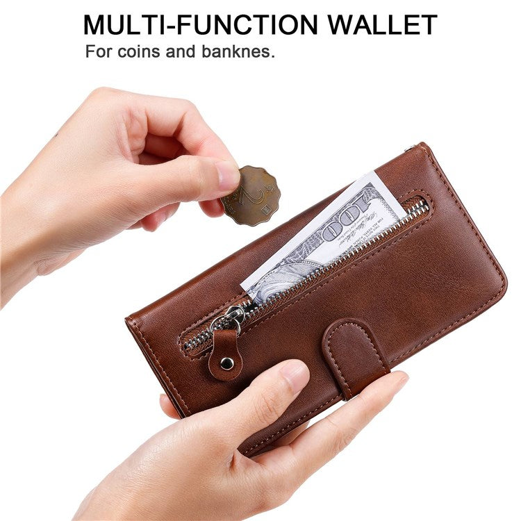 For vivo Y76 5G/Y76s Well-protected Anti-fall PU Leather Wallet Phone Cover Magnetic Closing Zipper Pocket Flip Case - Brown