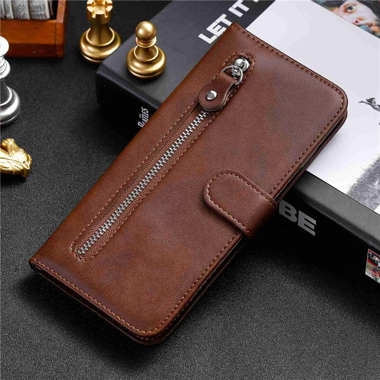 For vivo Y76 5G/Y76s Well-protected Anti-fall PU Leather Wallet Phone Cover Magnetic Closing Zipper Pocket Flip Case - Brown