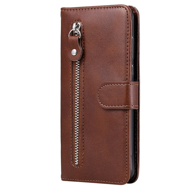 For vivo Y76 5G/Y76s Well-protected Anti-fall PU Leather Wallet Phone Cover Magnetic Closing Zipper Pocket Flip Case - Brown