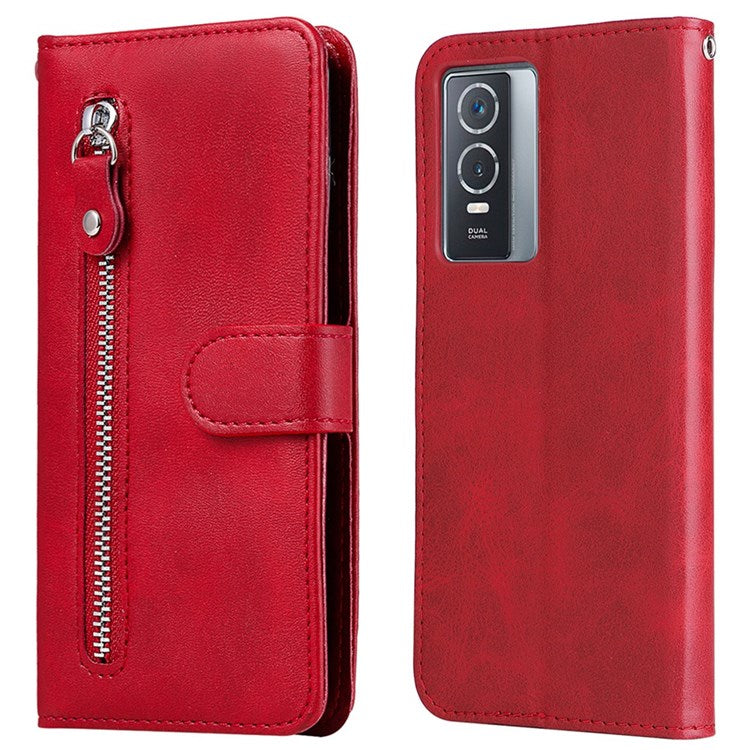 For vivo Y76 5G/Y76s Well-protected Anti-fall PU Leather Wallet Phone Cover Magnetic Closing Zipper Pocket Flip Case - Red