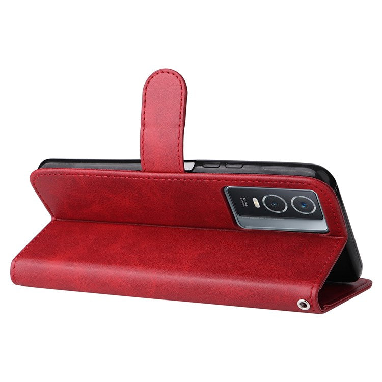 For vivo Y76 5G/Y76s Well-protected Anti-fall PU Leather Wallet Phone Cover Magnetic Closing Zipper Pocket Flip Case - Red