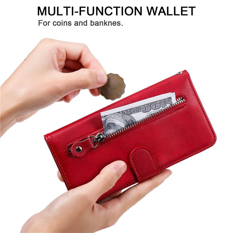 For vivo Y76 5G/Y76s Well-protected Anti-fall PU Leather Wallet Phone Cover Magnetic Closing Zipper Pocket Flip Case - Red