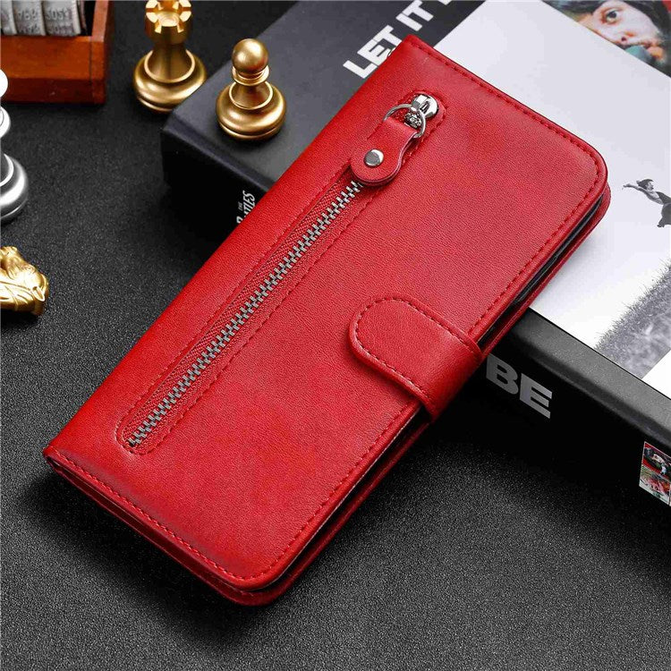 For vivo Y76 5G/Y76s Well-protected Anti-fall PU Leather Wallet Phone Cover Magnetic Closing Zipper Pocket Flip Case - Red