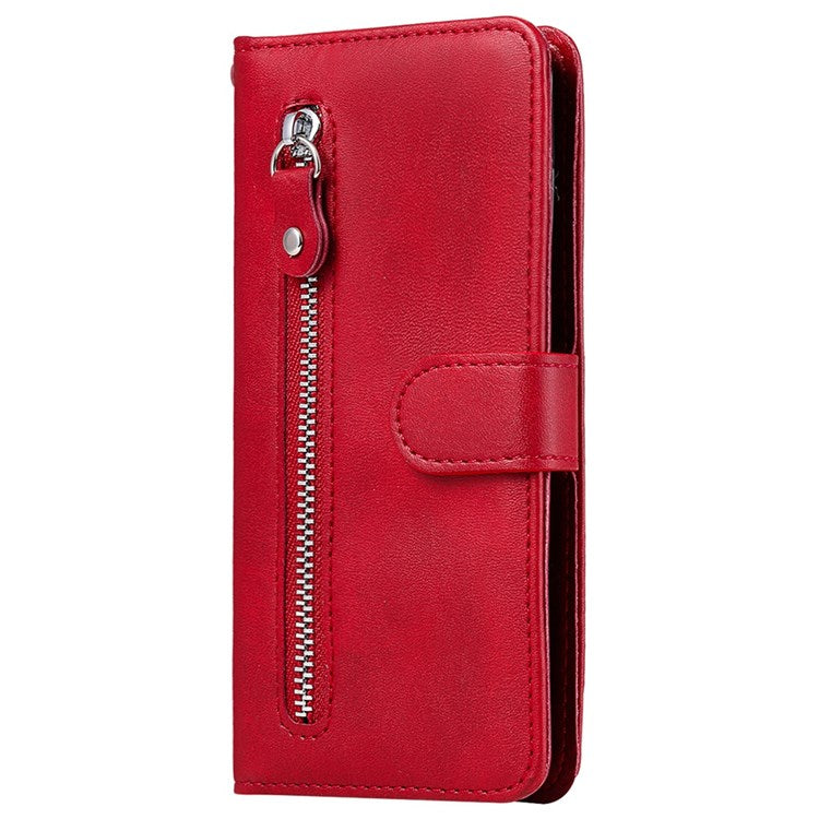 For vivo Y76 5G/Y76s Well-protected Anti-fall PU Leather Wallet Phone Cover Magnetic Closing Zipper Pocket Flip Case - Red