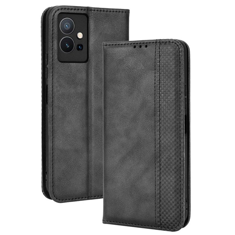 For vivo Y55 5G/Y75 5G/T1 5G PU Leather Retro Cover Mosaic Imprinted Stand Magnetic Adsorption Flip Wallet Case - Black