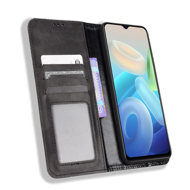 For vivo Y55 5G/Y75 5G/T1 5G PU Leather Retro Cover Mosaic Imprinted Stand Magnetic Adsorption Flip Wallet Case - Black