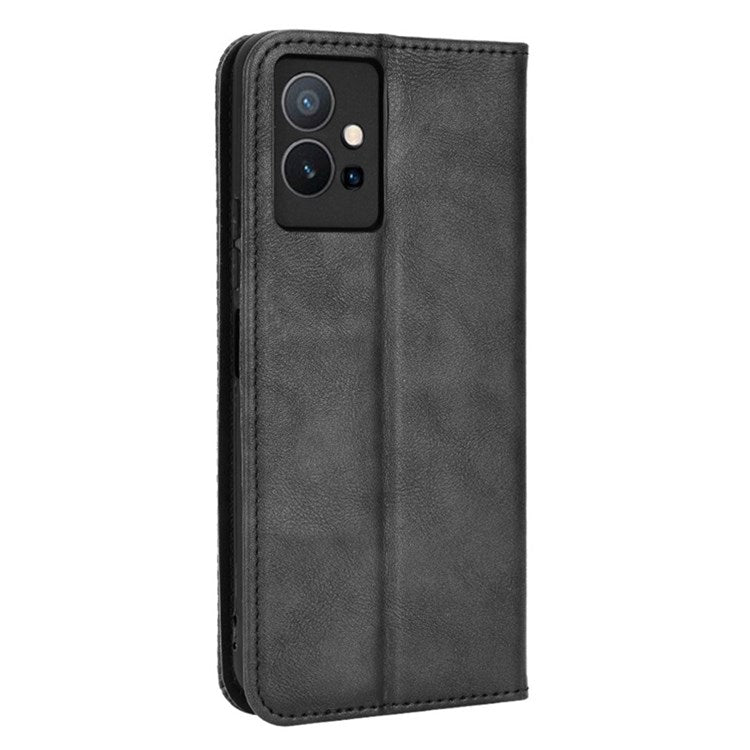 For vivo Y55 5G/Y75 5G/T1 5G PU Leather Retro Cover Mosaic Imprinted Stand Magnetic Adsorption Flip Wallet Case - Black