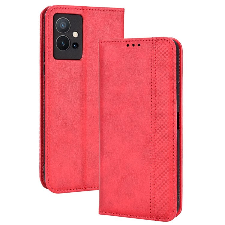 For vivo Y55 5G/Y75 5G/T1 5G PU Leather Retro Cover Mosaic Imprinted Stand Magnetic Adsorption Flip Wallet Case - Red