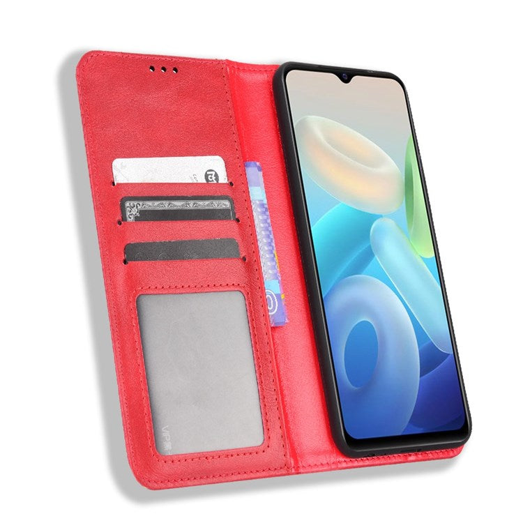 For vivo Y55 5G/Y75 5G/T1 5G PU Leather Retro Cover Mosaic Imprinted Stand Magnetic Adsorption Flip Wallet Case - Red