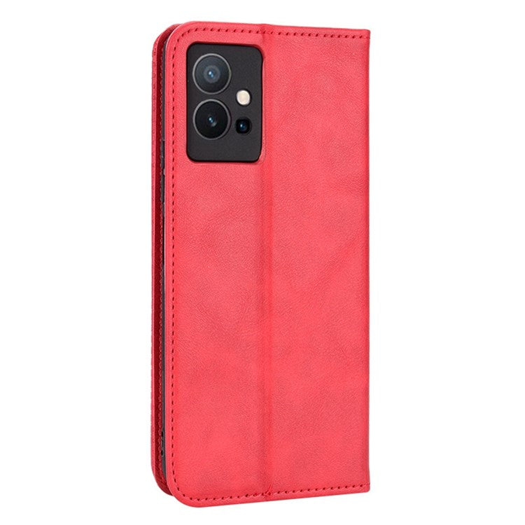 For vivo Y55 5G/Y75 5G/T1 5G PU Leather Retro Cover Mosaic Imprinted Stand Magnetic Adsorption Flip Wallet Case - Red