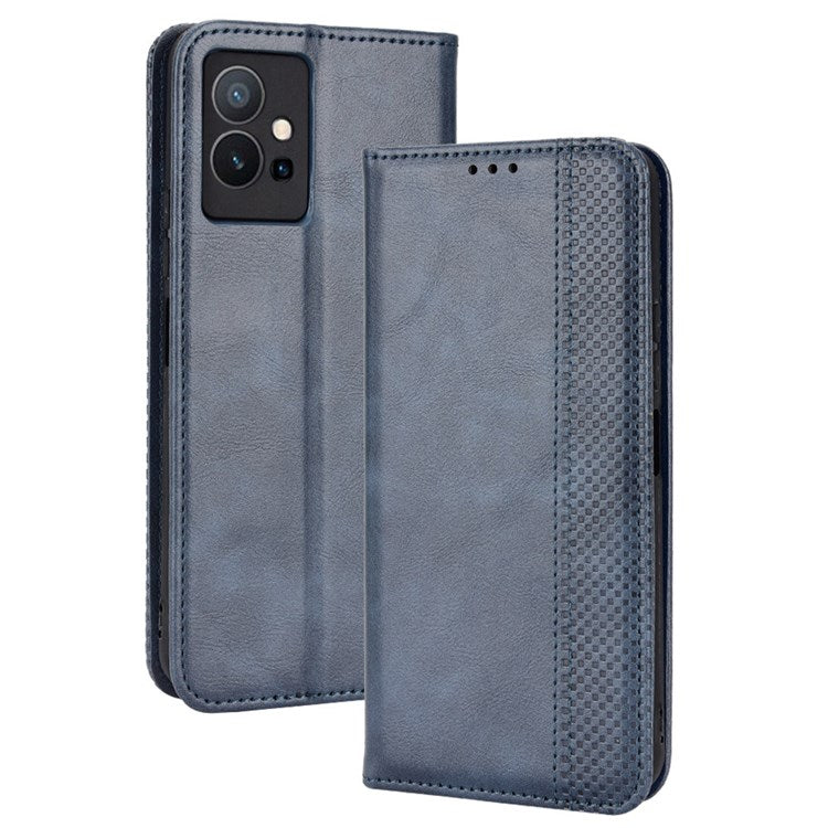 For vivo Y55 5G/Y75 5G/T1 5G PU Leather Retro Cover Mosaic Imprinted Stand Magnetic Adsorption Flip Wallet Case - Blue