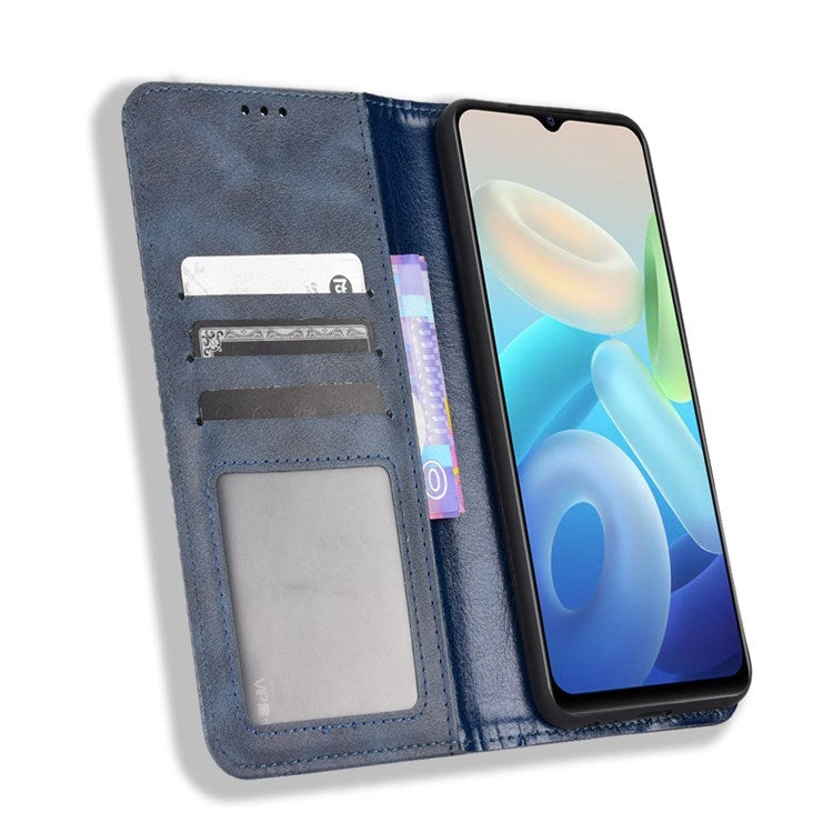 For vivo Y55 5G/Y75 5G/T1 5G PU Leather Retro Cover Mosaic Imprinted Stand Magnetic Adsorption Flip Wallet Case - Blue