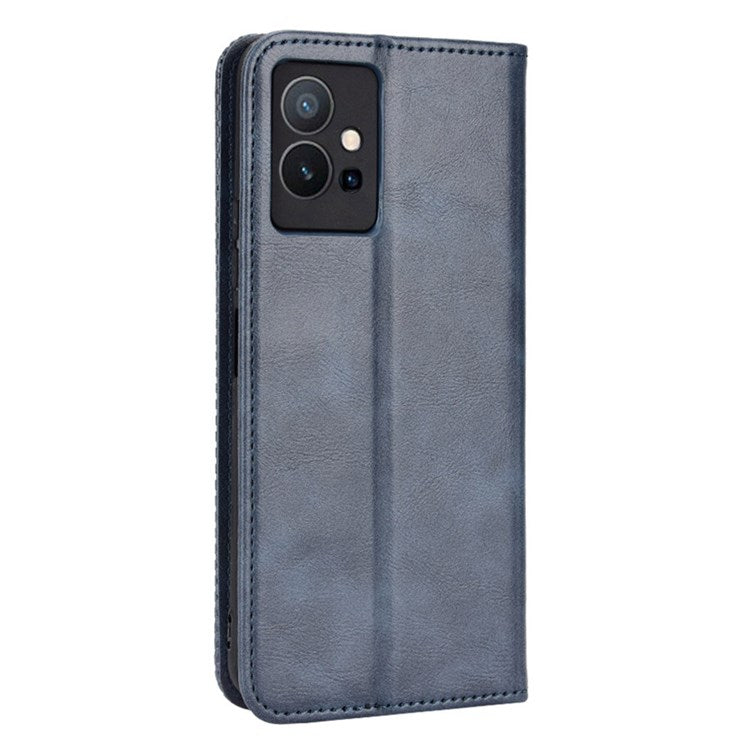 For vivo Y55 5G/Y75 5G/T1 5G PU Leather Retro Cover Mosaic Imprinted Stand Magnetic Adsorption Flip Wallet Case - Blue