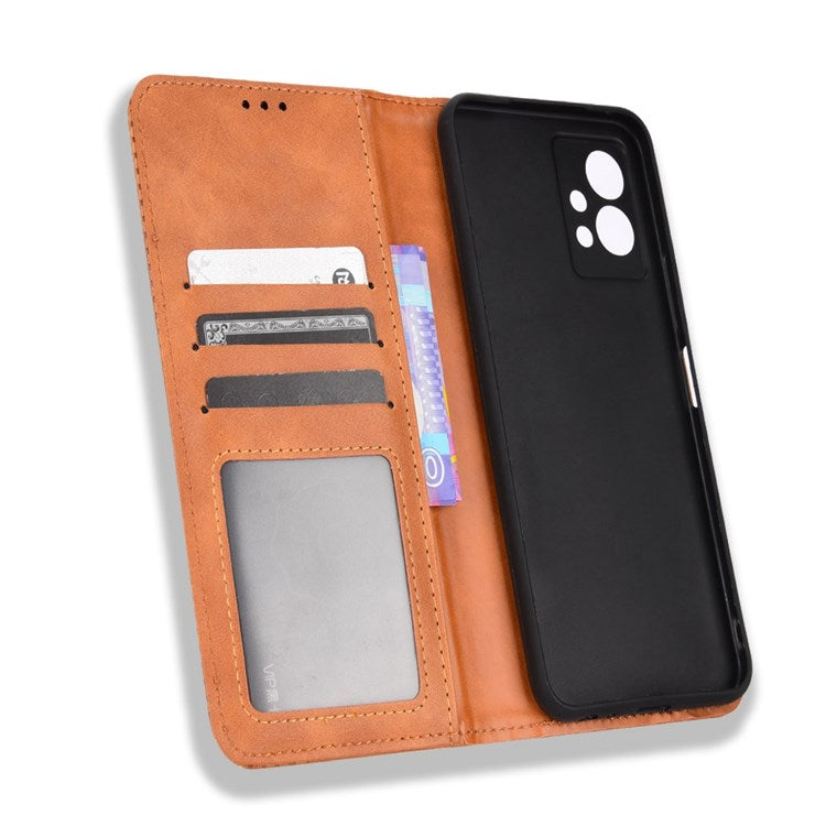 For vivo Y55 5G/Y75 5G/T1 5G PU Leather Retro Cover Mosaic Imprinted Stand Magnetic Adsorption Flip Wallet Case - Brown