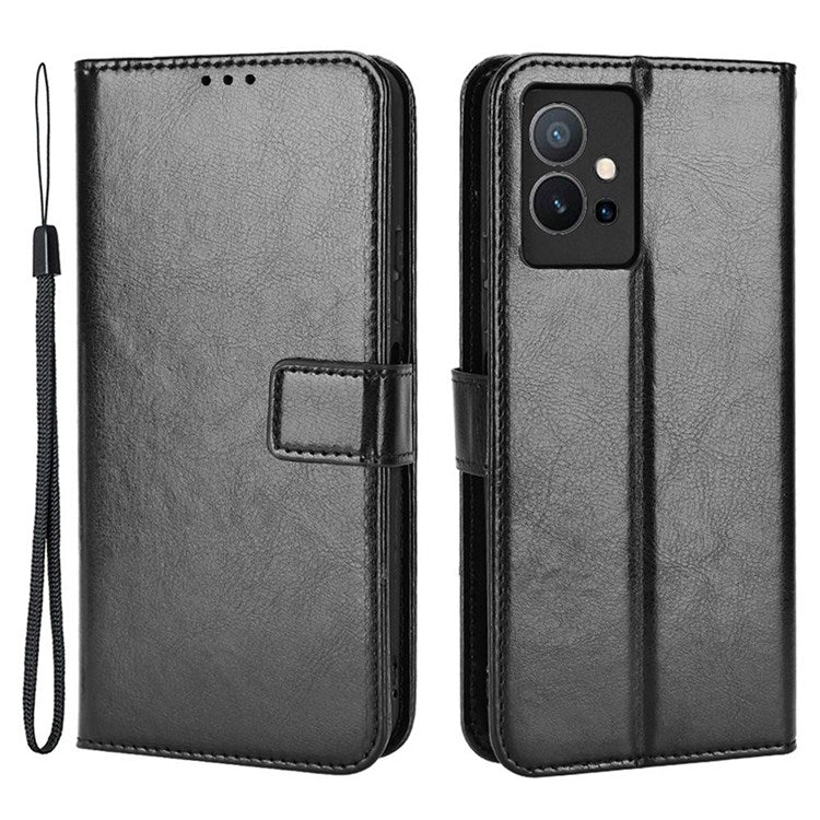 For vivo Y55 5G/Y75 5G/T1 5G PU Leather Folio Flip Folding Phone Cover Crazy Horse Texture Stand Wallet Case Carrying Pouch with Strap - Black