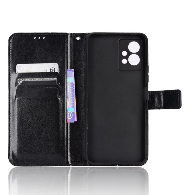 For vivo Y55 5G/Y75 5G/T1 5G PU Leather Folio Flip Folding Phone Cover Crazy Horse Texture Stand Wallet Case Carrying Pouch with Strap - Black