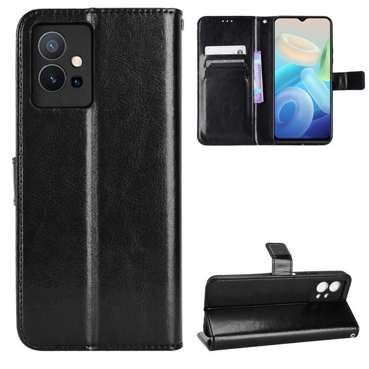 For vivo Y55 5G/Y75 5G/T1 5G PU Leather Folio Flip Folding Phone Cover Crazy Horse Texture Stand Wallet Case Carrying Pouch with Strap - Black