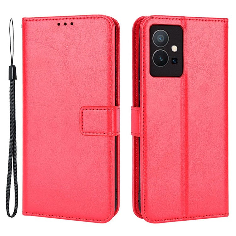 For vivo Y55 5G/Y75 5G/T1 5G PU Leather Folio Flip Folding Phone Cover Crazy Horse Texture Stand Wallet Case Carrying Pouch with Strap - Red