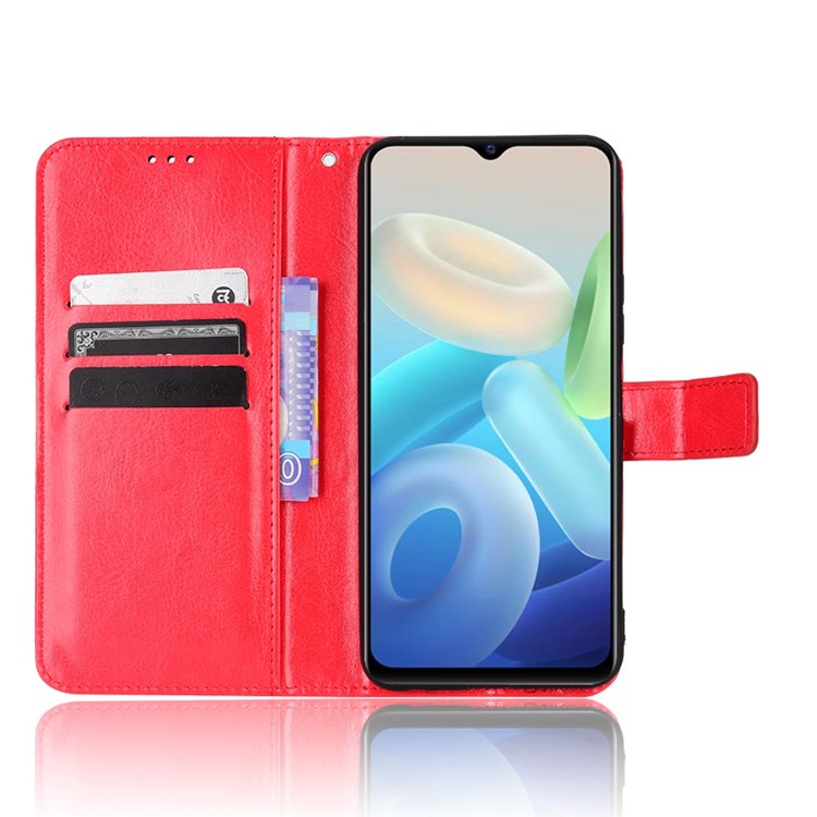 For vivo Y55 5G/Y75 5G/T1 5G PU Leather Folio Flip Folding Phone Cover Crazy Horse Texture Stand Wallet Case Carrying Pouch with Strap - Red