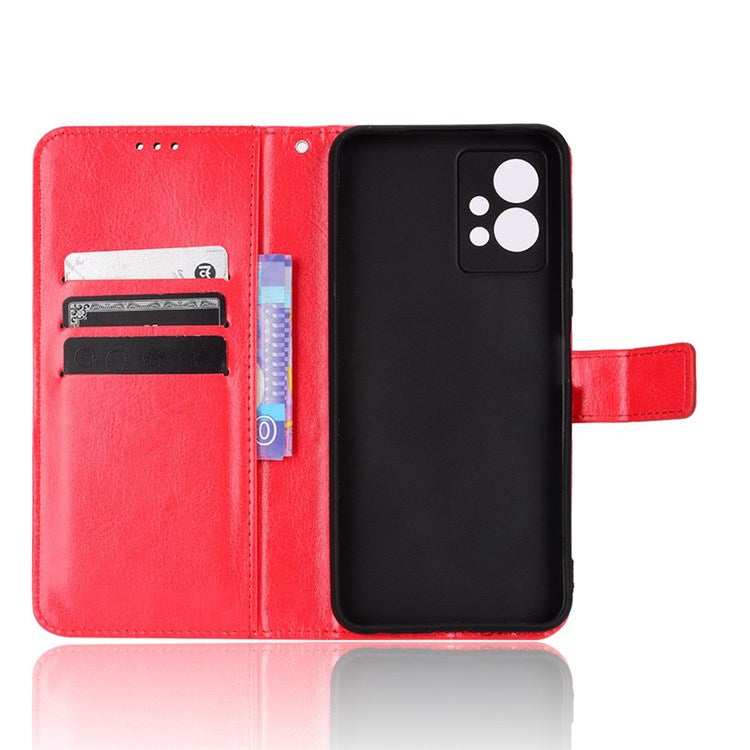 For vivo Y55 5G/Y75 5G/T1 5G PU Leather Folio Flip Folding Phone Cover Crazy Horse Texture Stand Wallet Case Carrying Pouch with Strap - Red