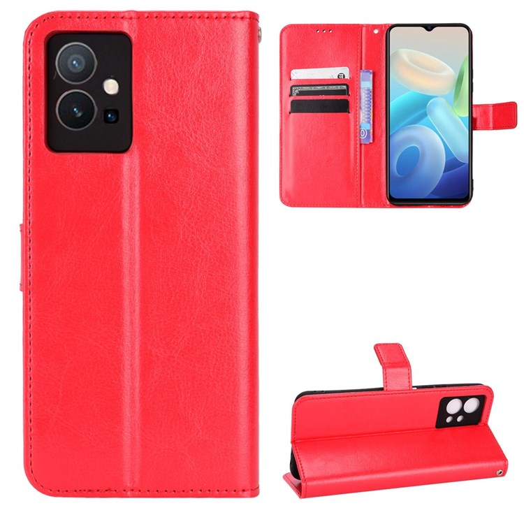 For vivo Y55 5G/Y75 5G/T1 5G PU Leather Folio Flip Folding Phone Cover Crazy Horse Texture Stand Wallet Case Carrying Pouch with Strap - Red