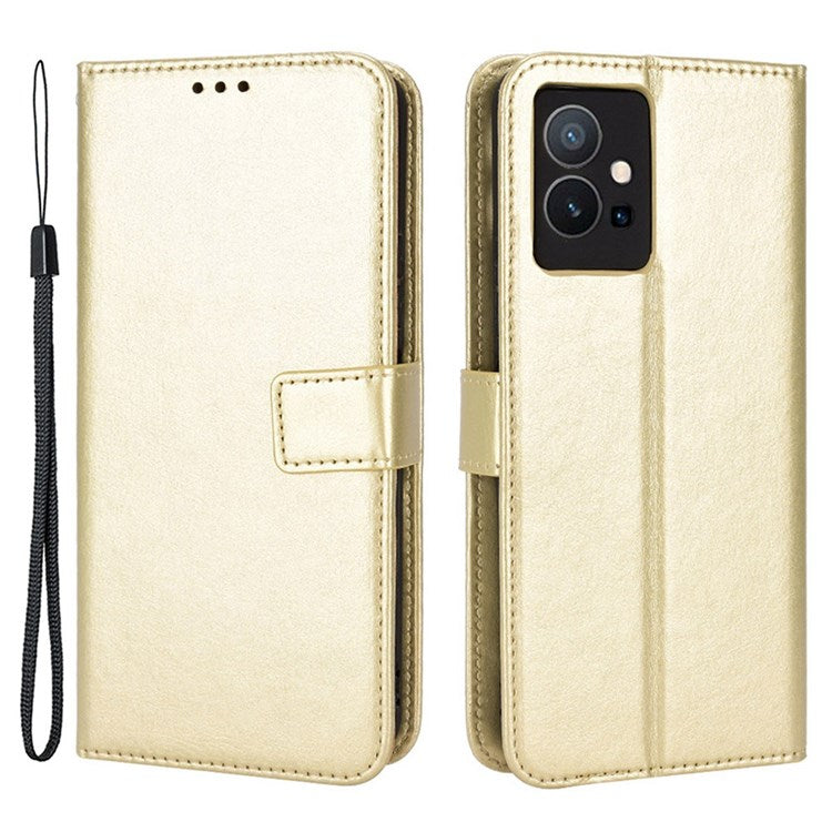 For vivo Y55 5G/Y75 5G/T1 5G PU Leather Folio Flip Folding Phone Cover Crazy Horse Texture Stand Wallet Case Carrying Pouch with Strap - Gold