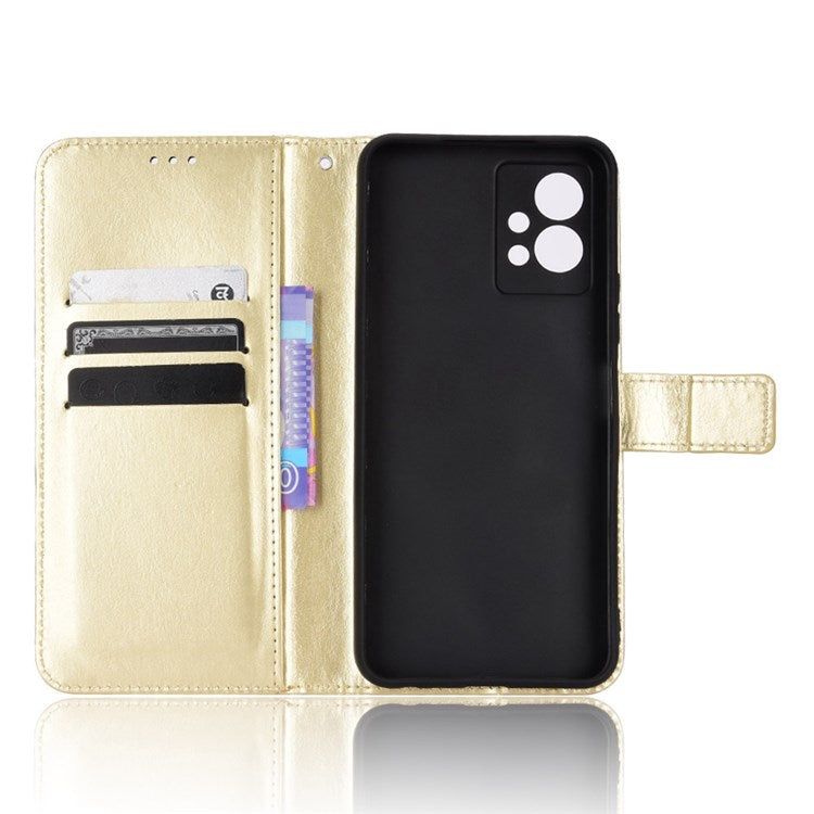 For vivo Y55 5G/Y75 5G/T1 5G PU Leather Folio Flip Folding Phone Cover Crazy Horse Texture Stand Wallet Case Carrying Pouch with Strap - Gold