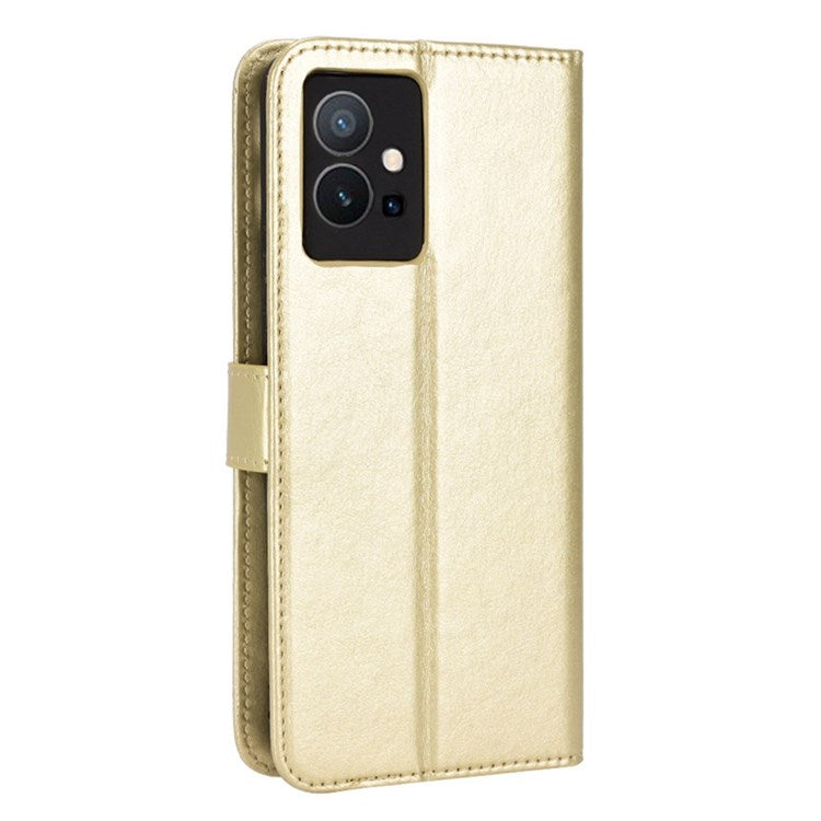 For vivo Y55 5G/Y75 5G/T1 5G PU Leather Folio Flip Folding Phone Cover Crazy Horse Texture Stand Wallet Case Carrying Pouch with Strap - Gold