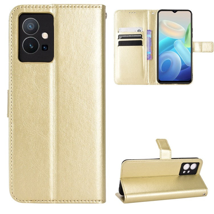 For vivo Y55 5G/Y75 5G/T1 5G PU Leather Folio Flip Folding Phone Cover Crazy Horse Texture Stand Wallet Case Carrying Pouch with Strap - Gold